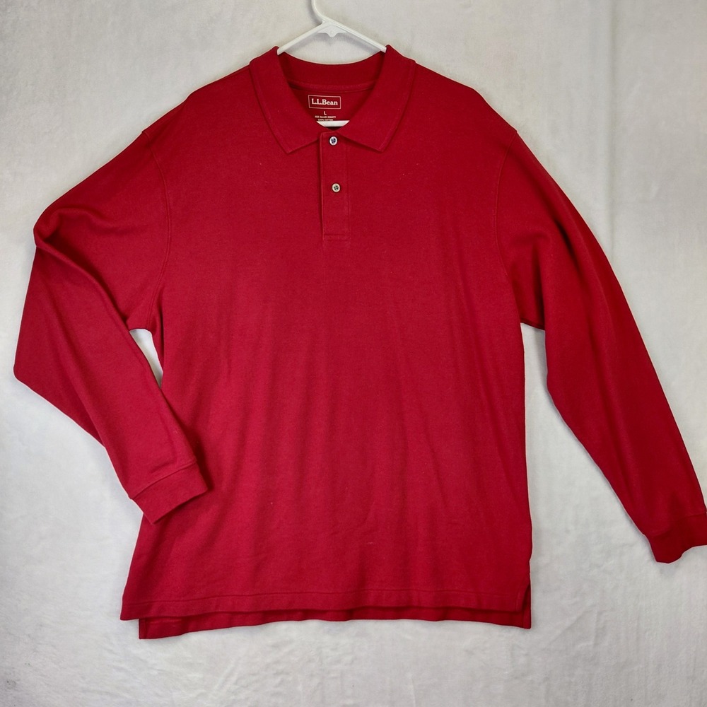LL Bean Mens Large Red Long Sleeve Cotton Pique Polo Shirt 236477